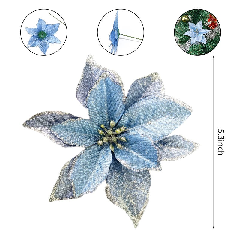 KEPATO Christmas Glitter Poinsettia Christmas Tree Ornaments Pack of 12 (Blue) - Image 2